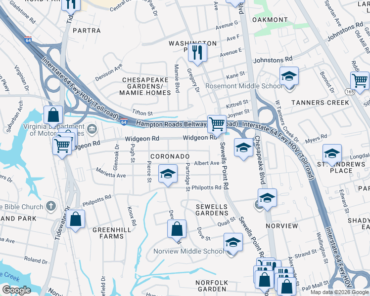 map of restaurants, bars, coffee shops, grocery stores, and more near in Norfolk