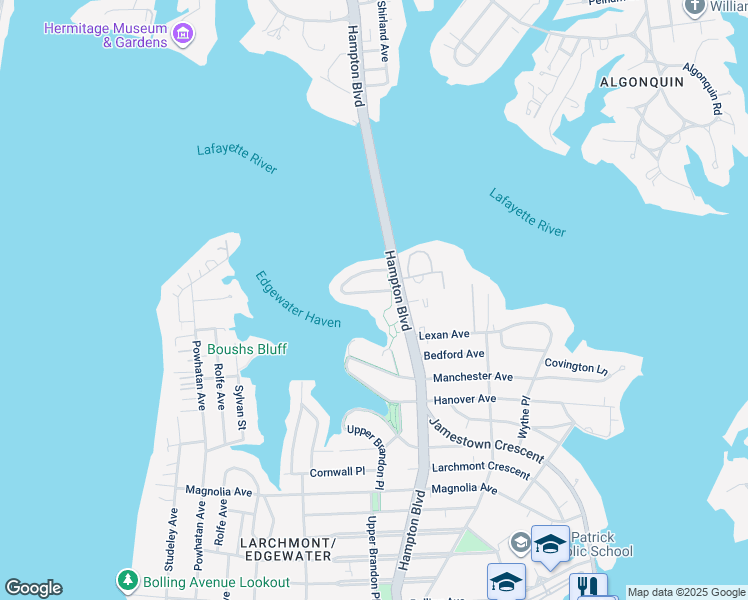 map of restaurants, bars, coffee shops, grocery stores, and more near 1209 South Fairwater Drive in Norfolk