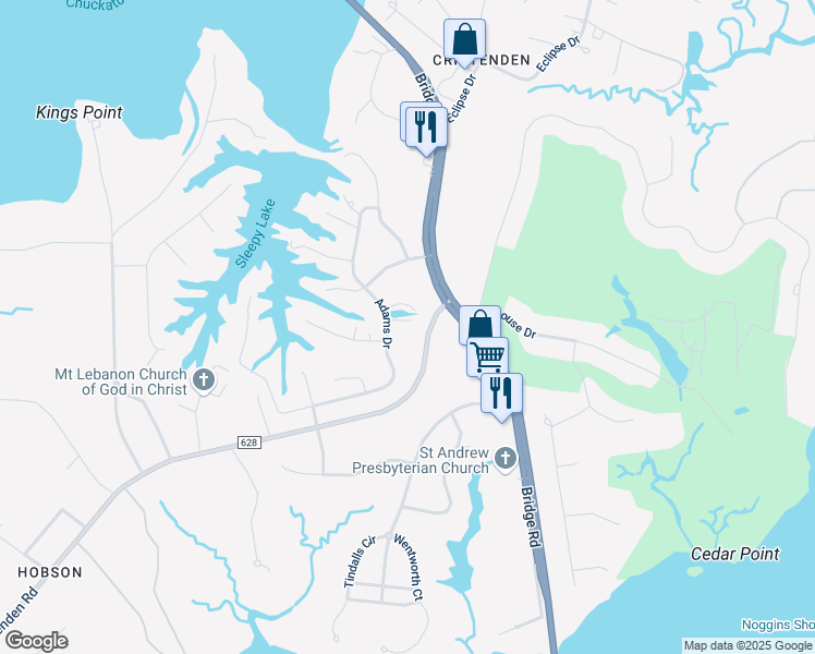 map of restaurants, bars, coffee shops, grocery stores, and more near 8647 Crittenden Road in Suffolk