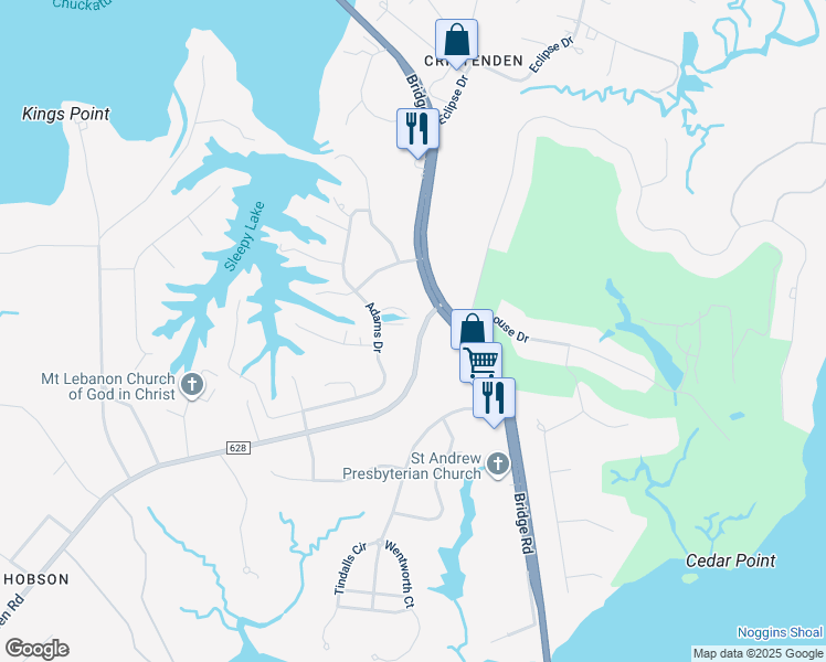map of restaurants, bars, coffee shops, grocery stores, and more near 8647 Crittenden Road in Suffolk