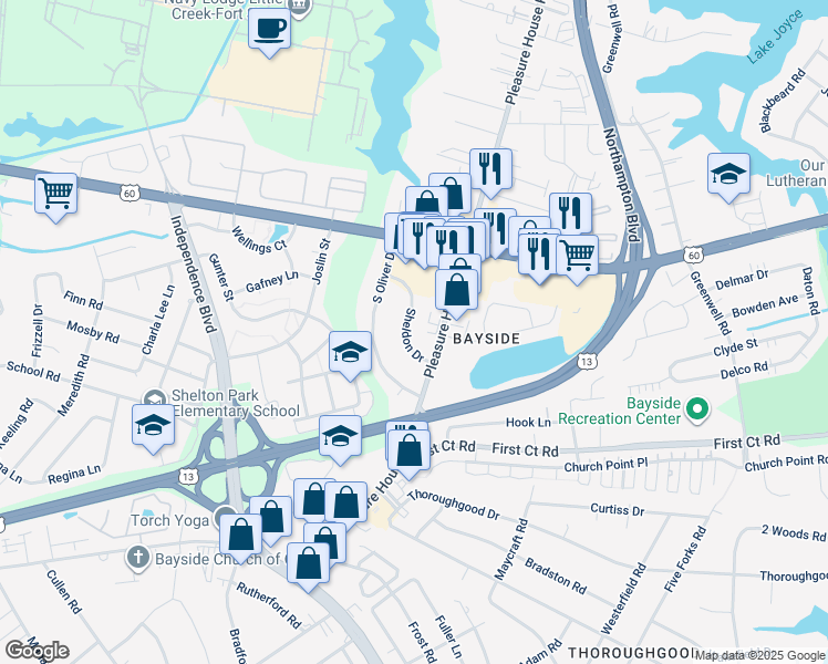 map of restaurants, bars, coffee shops, grocery stores, and more near 4816 Sheldon Drive in Virginia Beach