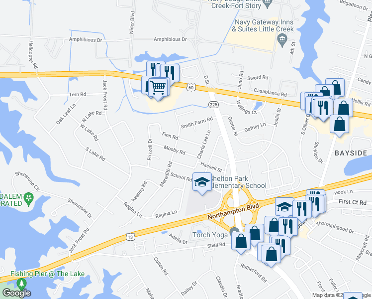 map of restaurants, bars, coffee shops, grocery stores, and more near 5012 Mosby Road in Virginia Beach