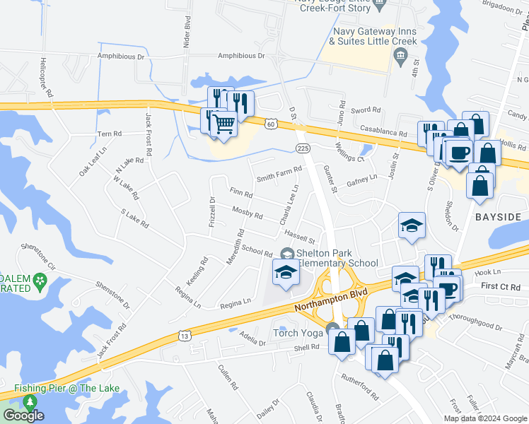 map of restaurants, bars, coffee shops, grocery stores, and more near 5012 Mosby Road in Virginia Beach