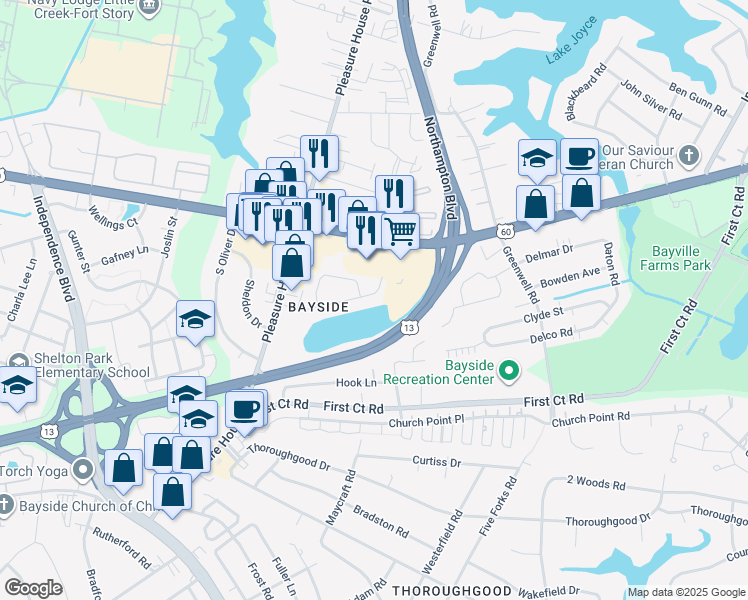 map of restaurants, bars, coffee shops, grocery stores, and more near 4717 Victory Road in Virginia Beach