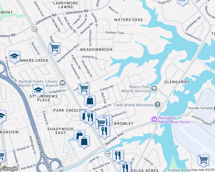 map of restaurants, bars, coffee shops, grocery stores, and more near 6447 Crafford Avenue in Norfolk