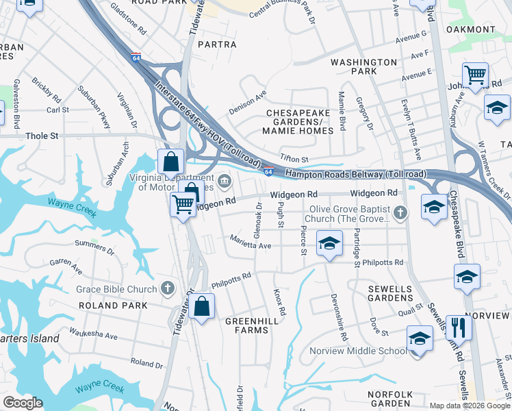 map of restaurants, bars, coffee shops, grocery stores, and more near 876 Wolcott Avenue in Norfolk