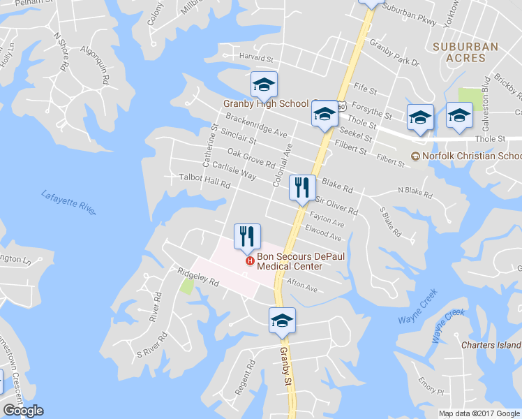 map of restaurants, bars, coffee shops, grocery stores, and more near 6601 Colonial Avenue in Norfolk