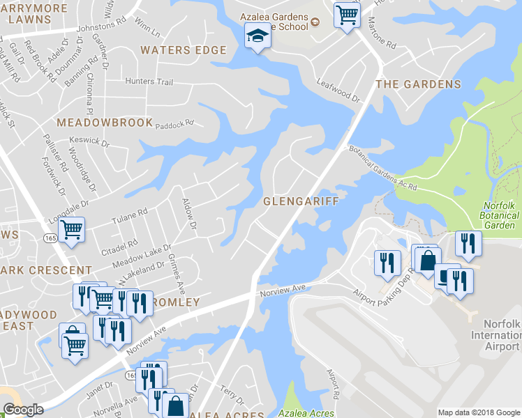 map of restaurants, bars, coffee shops, grocery stores, and more near 6429 Bridle Way in Norfolk
