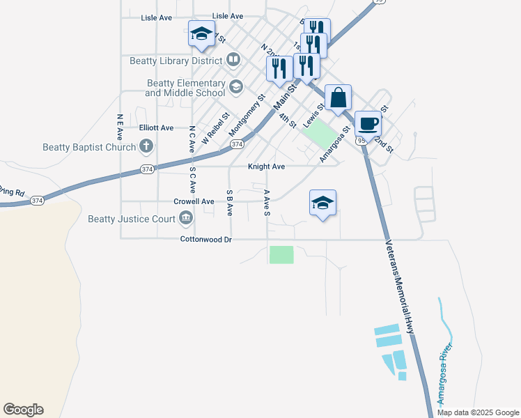 map of restaurants, bars, coffee shops, grocery stores, and more near 351 A Avenue South in Beatty
