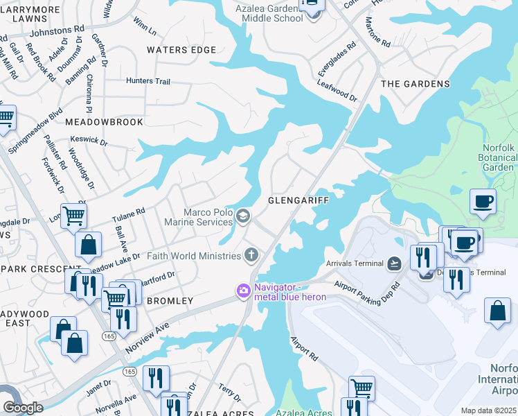 map of restaurants, bars, coffee shops, grocery stores, and more near 6429 Bridle Way in Norfolk