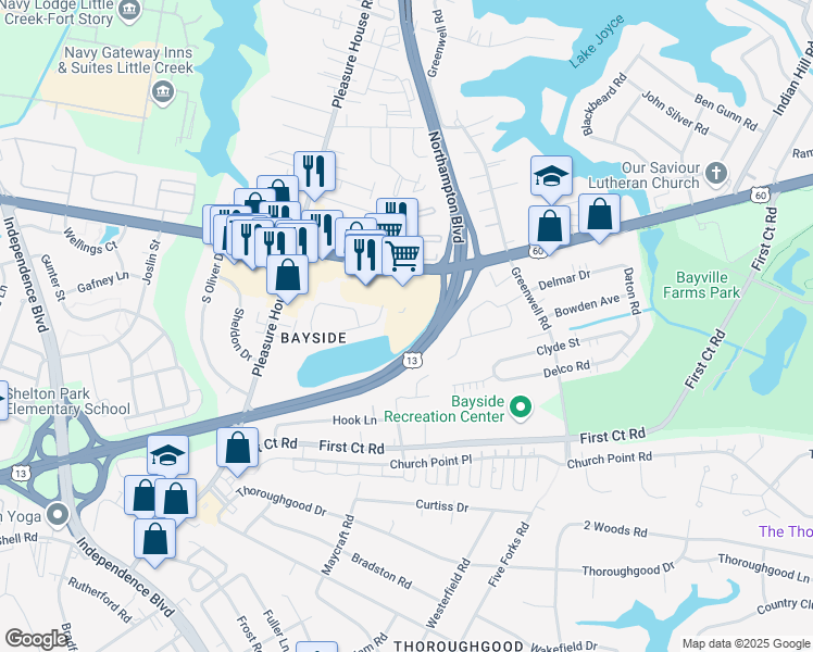 map of restaurants, bars, coffee shops, grocery stores, and more near 4629 Shore Drive in Virginia Beach