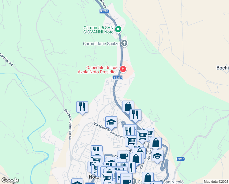 map of restaurants, bars, coffee shops, grocery stores, and more near 10 Via Luigi Pirandello in Noto