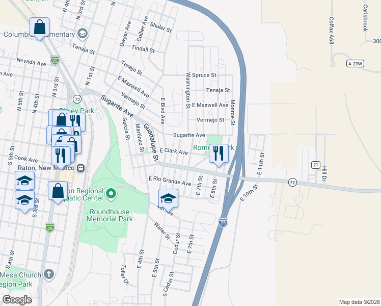 map of restaurants, bars, coffee shops, grocery stores, and more near East Clark Avenue in Raton