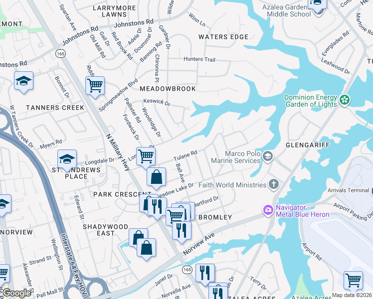 map of restaurants, bars, coffee shops, grocery stores, and more near 6447 Crafford Avenue in Norfolk