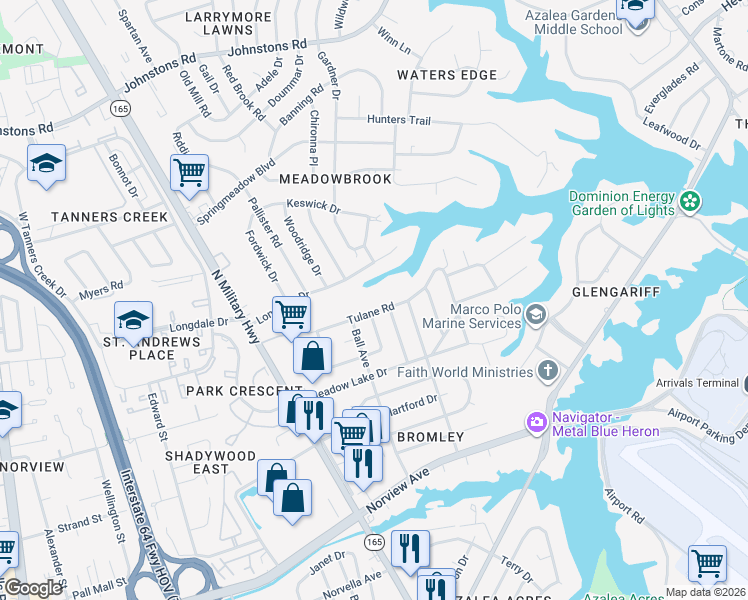 map of restaurants, bars, coffee shops, grocery stores, and more near 6447 Crafford Avenue in Norfolk