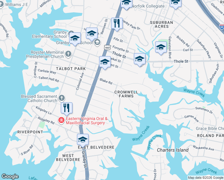 map of restaurants, bars, coffee shops, grocery stores, and more near 201 Sir Oliver Road in Norfolk
