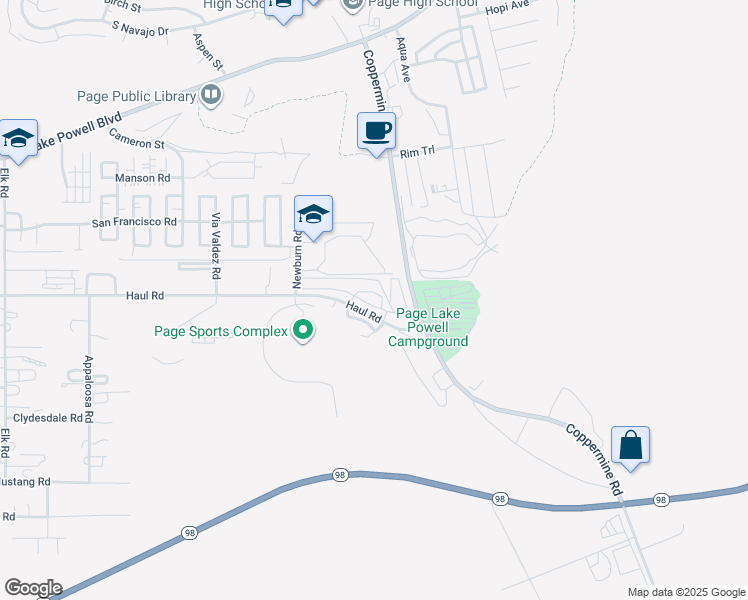 map of restaurants, bars, coffee shops, grocery stores, and more near 432 Haul Road in Page