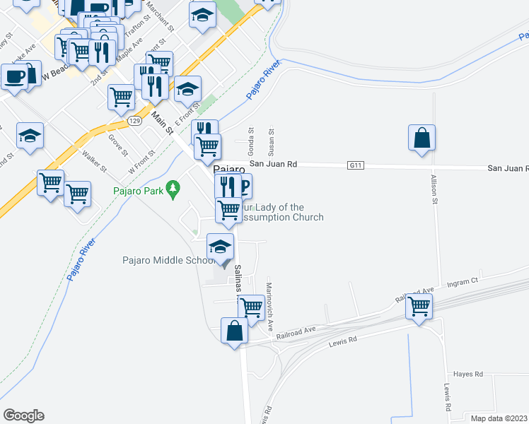 map of restaurants, bars, coffee shops, grocery stores, and more near 16 Stender Avenue in Pajaro