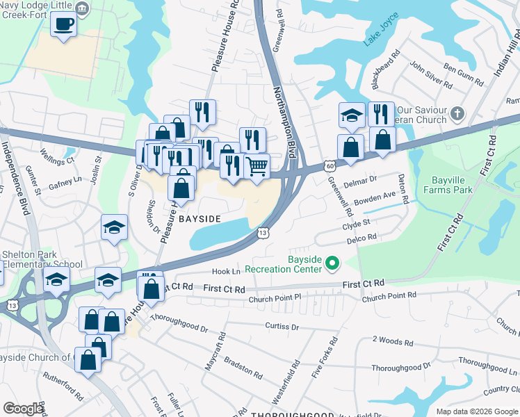 map of restaurants, bars, coffee shops, grocery stores, and more near 4629 Shore Drive in Virginia Beach