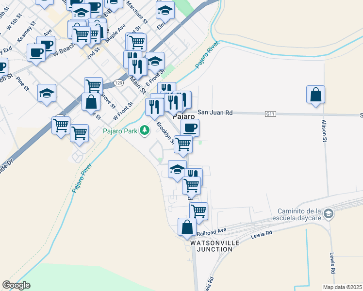 map of restaurants, bars, coffee shops, grocery stores, and more near 80 Porter Drive in Pajaro