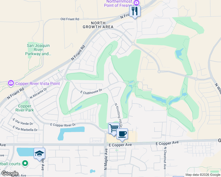map of restaurants, bars, coffee shops, grocery stores, and more near 11375 North Knotting Hill Drive in Fresno