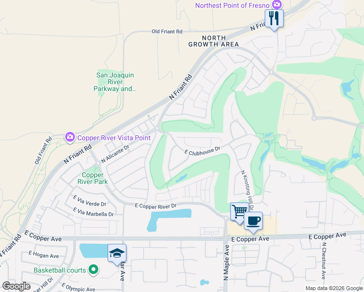 map of restaurants, bars, coffee shops, grocery stores, and more near 1711 East Clubhouse Drive in Fresno