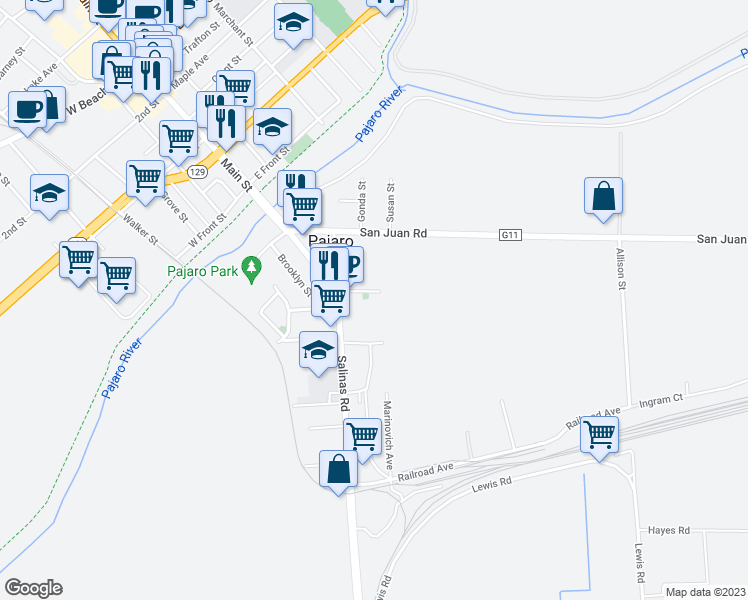 map of restaurants, bars, coffee shops, grocery stores, and more near 16 Stender Avenue in Pajaro