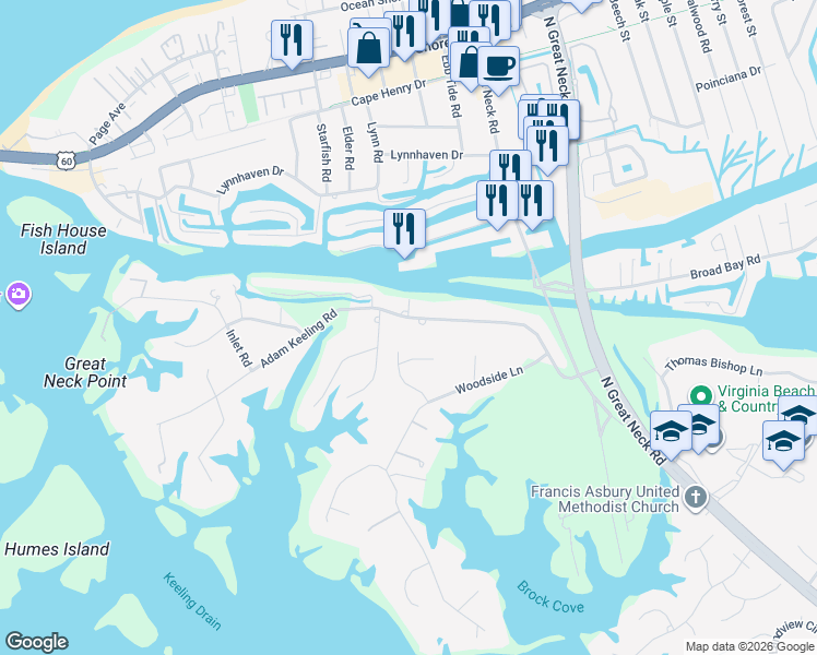 map of restaurants, bars, coffee shops, grocery stores, and more near 1820 Keelingwood Lane in Virginia Beach