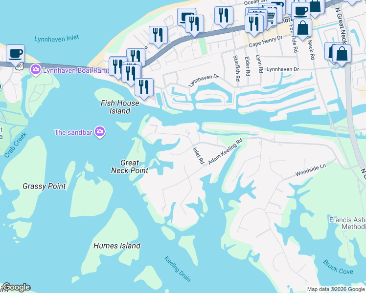 map of restaurants, bars, coffee shops, grocery stores, and more near 3105 Inlet Road in Virginia Beach