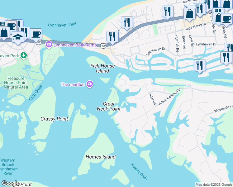 map of restaurants, bars, coffee shops, grocery stores, and more near 3171 Inlet Road in Virginia Beach