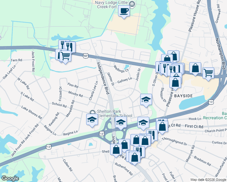 map of restaurants, bars, coffee shops, grocery stores, and more near 1900-1906 Independence Boulevard in Virginia Beach