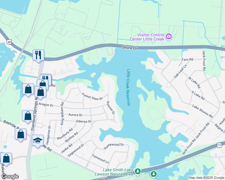 map of restaurants, bars, coffee shops, grocery stores, and more near 1900 Sunrise Drive in Virginia Beach