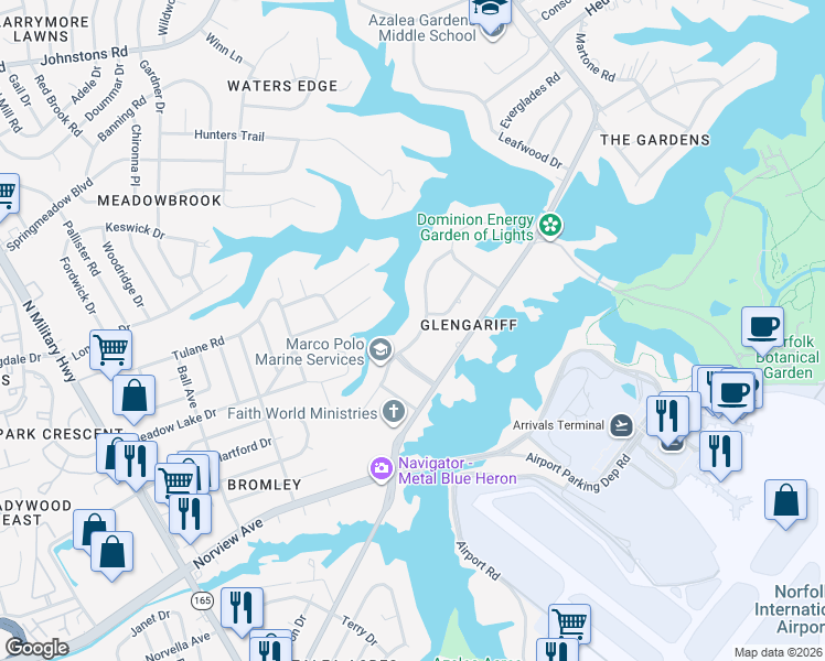map of restaurants, bars, coffee shops, grocery stores, and more near 2112 Carriage Lane in Norfolk