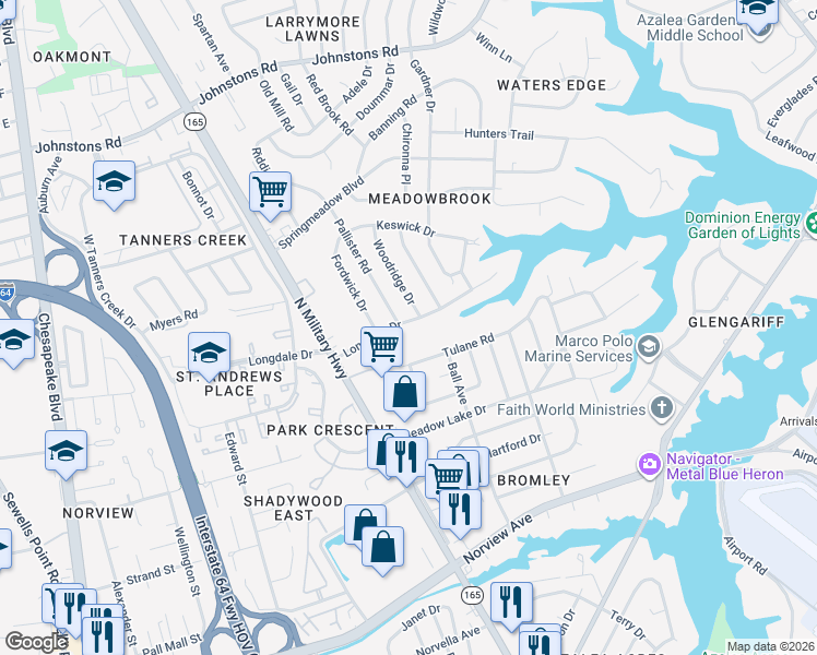 map of restaurants, bars, coffee shops, grocery stores, and more near 6612 Fordwick Drive in Norfolk