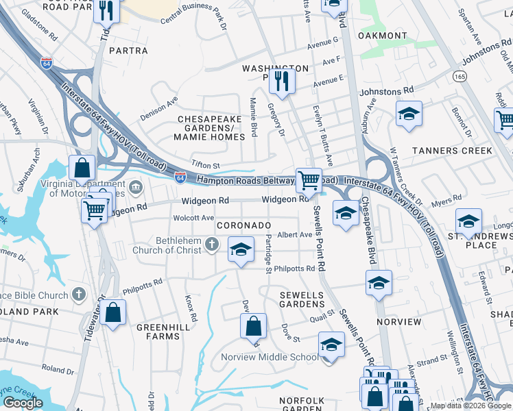 map of restaurants, bars, coffee shops, grocery stores, and more near in Norfolk