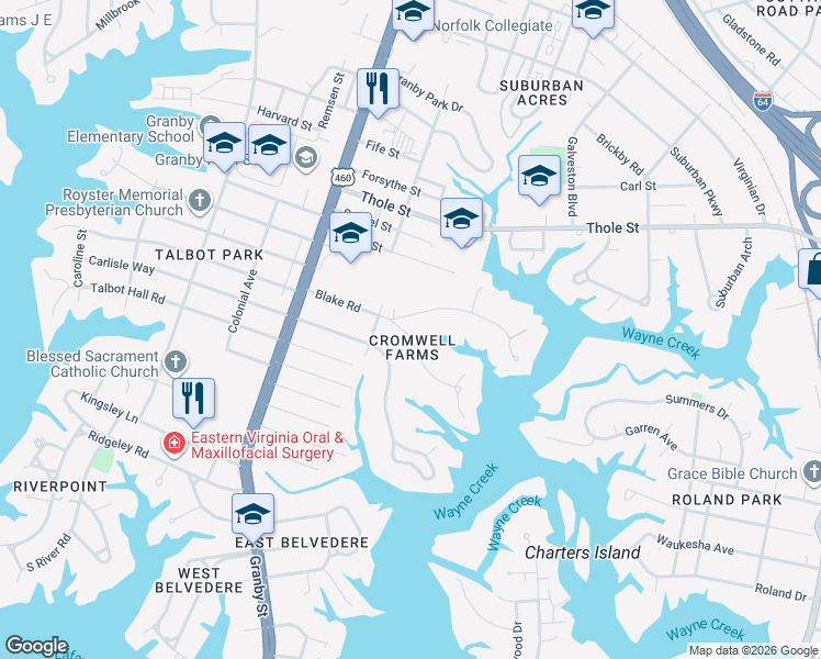 map of restaurants, bars, coffee shops, grocery stores, and more near 213 South Blake Road in Norfolk