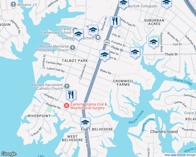 map of restaurants, bars, coffee shops, grocery stores, and more near 6614 Granby Street in Norfolk