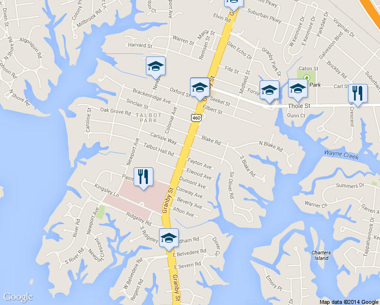 map of restaurants, bars, coffee shops, grocery stores, and more near 6614 Granby Street in Norfolk