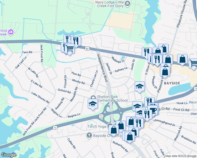 map of restaurants, bars, coffee shops, grocery stores, and more near 1909 Perrel Street in Virginia Beach
