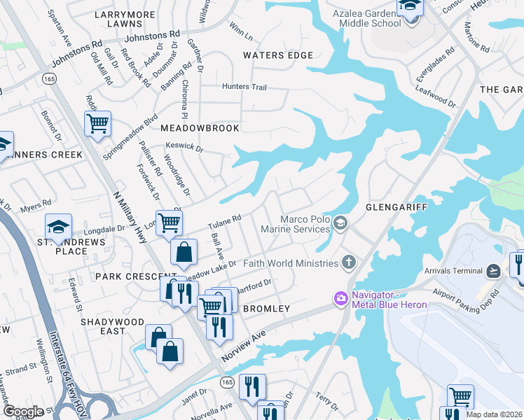 map of restaurants, bars, coffee shops, grocery stores, and more near 6438 Grimes Avenue in Norfolk