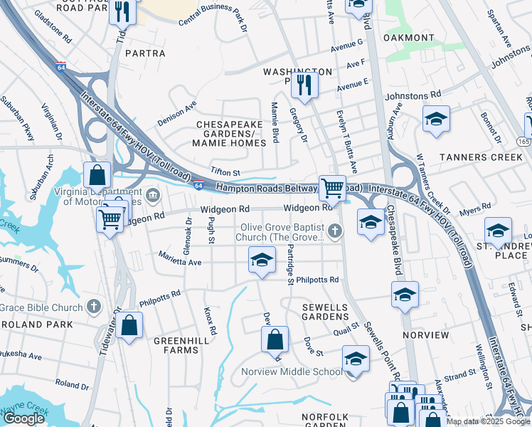map of restaurants, bars, coffee shops, grocery stores, and more near 965 Widgeon Road in Norfolk