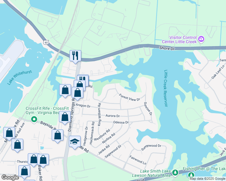 map of restaurants, bars, coffee shops, grocery stores, and more near 1952 King William Road in Virginia Beach