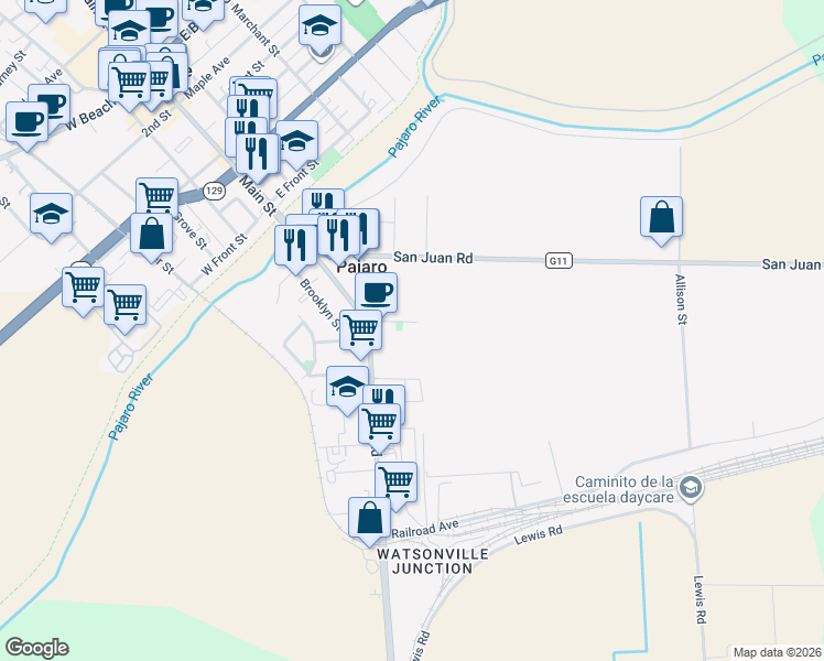 map of restaurants, bars, coffee shops, grocery stores, and more near 14 Stender Avenue in Pajaro