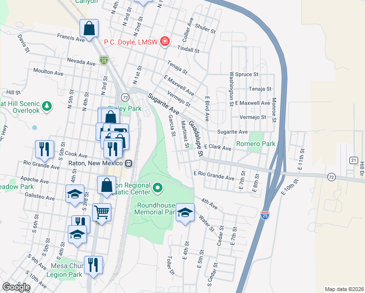 map of restaurants, bars, coffee shops, grocery stores, and more near East Clark Avenue in Raton