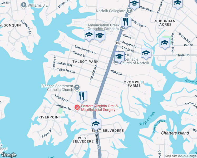 map of restaurants, bars, coffee shops, grocery stores, and more near 106 Talbot Hall Road in Norfolk