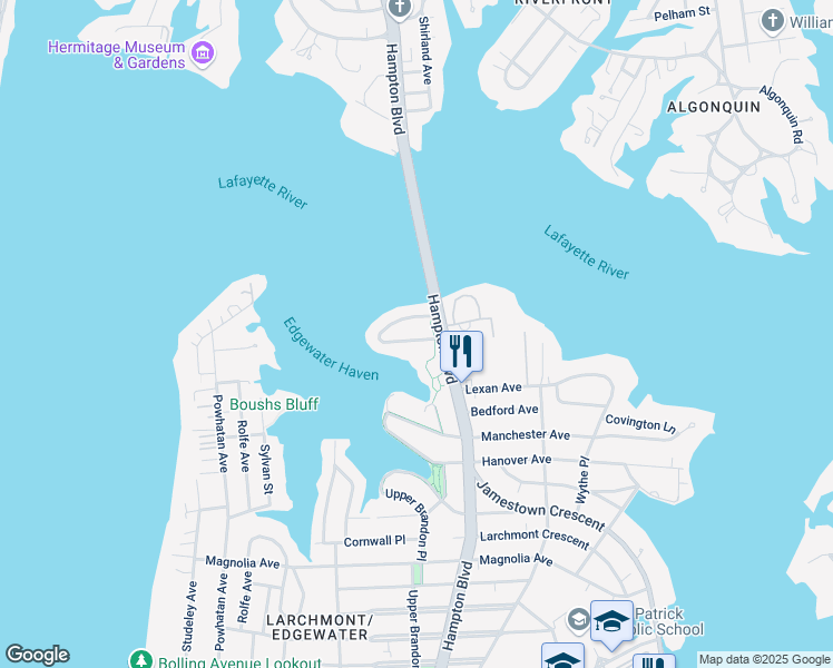 map of restaurants, bars, coffee shops, grocery stores, and more near 1208 South Fairwater Drive in Norfolk