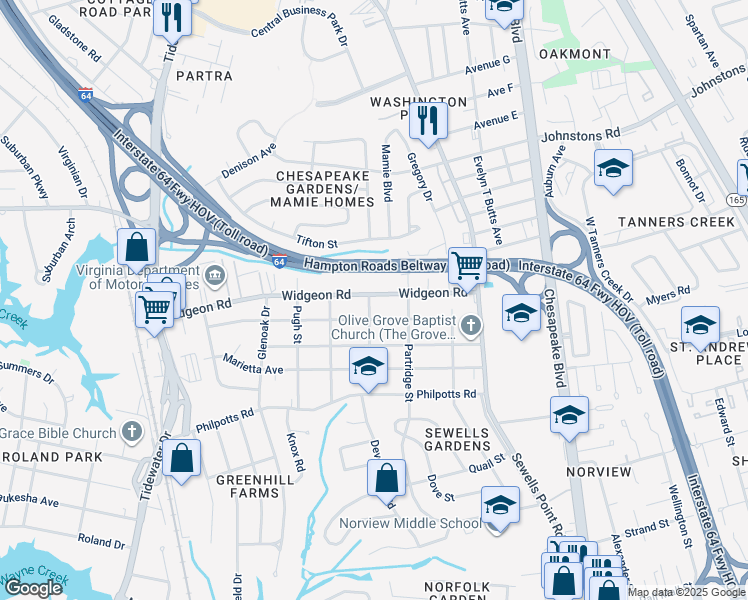 map of restaurants, bars, coffee shops, grocery stores, and more near 965 Widgeon Road in Norfolk