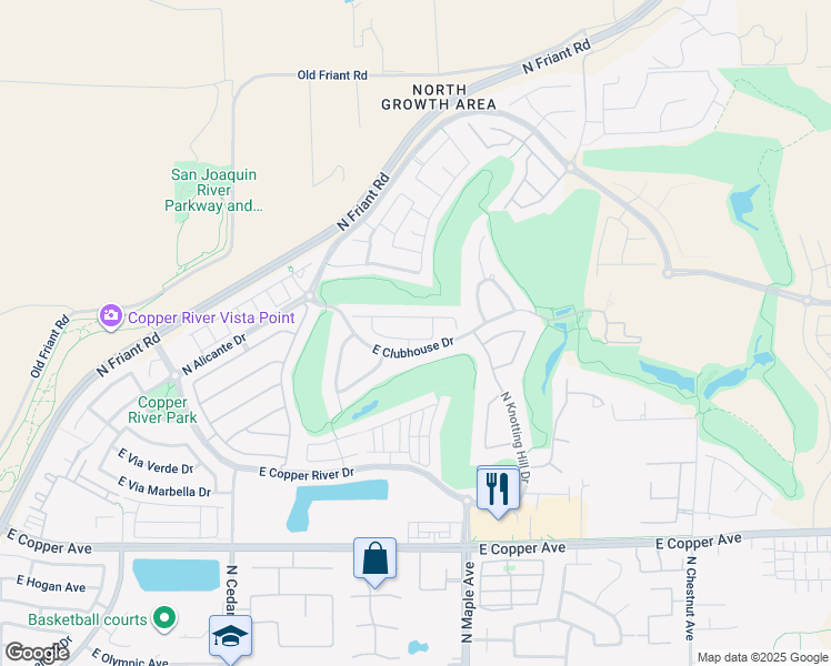 map of restaurants, bars, coffee shops, grocery stores, and more near 1842 East Buena Salud Way in Fresno