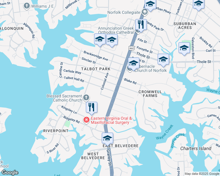 map of restaurants, bars, coffee shops, grocery stores, and more near 106 Talbot Hall Road in Norfolk