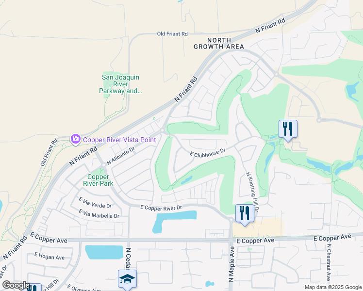 map of restaurants, bars, coffee shops, grocery stores, and more near N Alicante Dr in Fresno